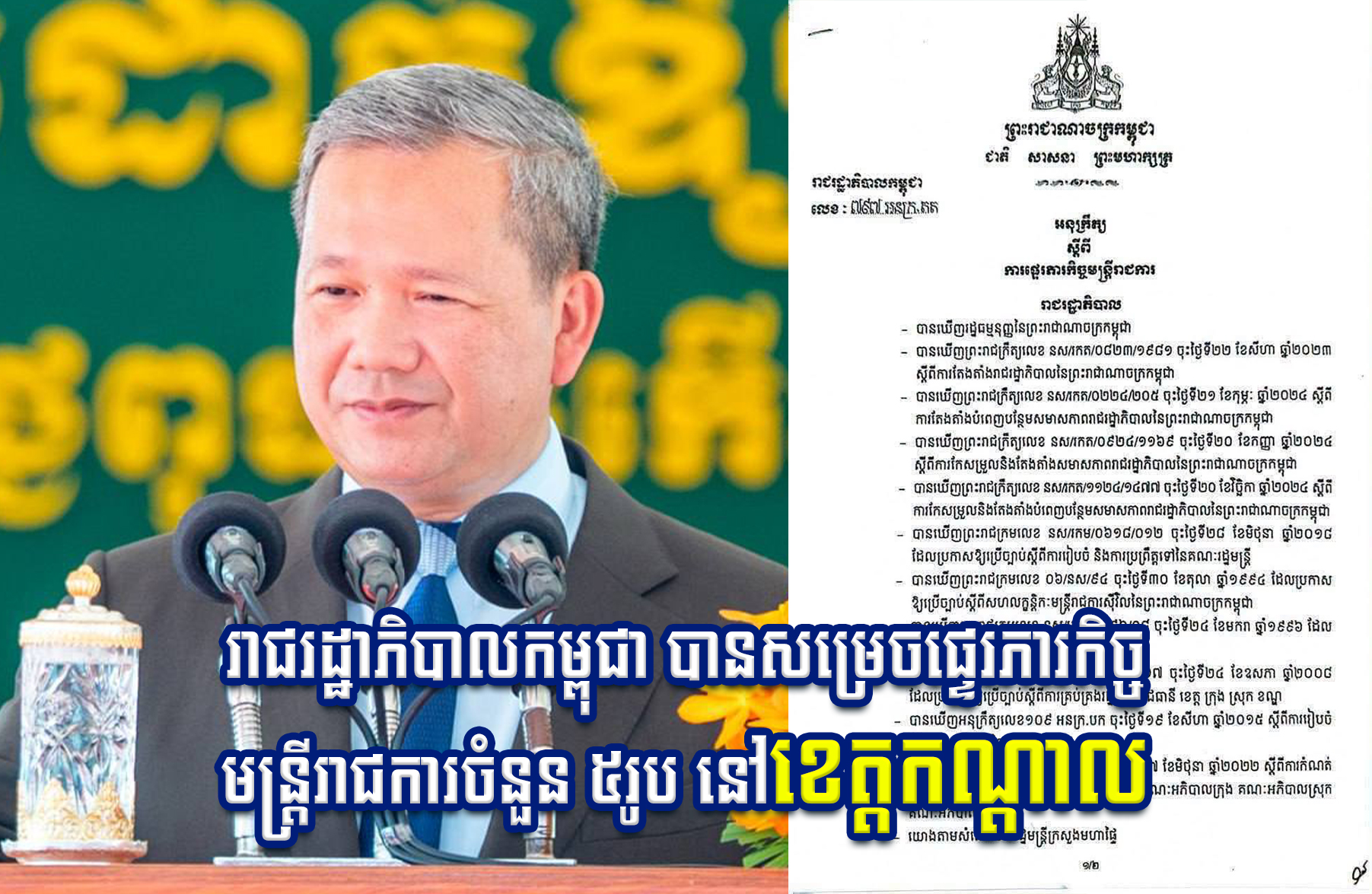 រាជរដ្ឋាភិបាលកម្ពុជា បានសម្រេចផ្ទេរភារកិច្ចមន្ត្រីរាជការចំនួន ៥រូប នៅខេត្តកណ្តាល