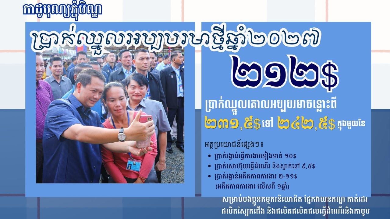 កាដូរដូវកាលភ្ជុំបិណ្ឌ របស់ រាជរដ្ឋាភិបាល ជូនដល់បងប្អូនកម្មករនិយោជិត!  ប្រាក់ឈ្នួលអប្បបរមាឆ្នាំ២០២៧ មានចំនួន ២១២$ ក្នុងមួយខែ ប្រាក់ឈ្នួលគោលអប្បបរមាចន្លោះពី ២៣១,៥$ ទៅ ២៤២,៥$ ក្នុងមួយខែ